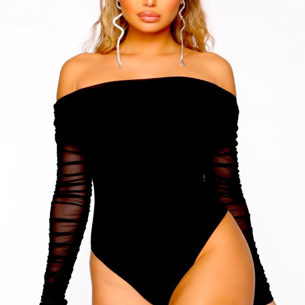 FN rouched off the shoulder bodysuit